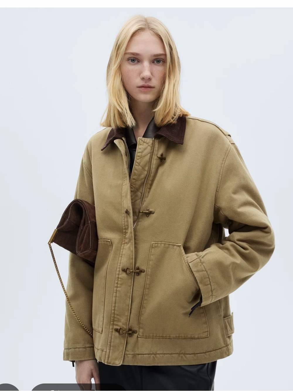 NWT Mango Women's Tan Utility Jacket with Brown Corduroy Collar